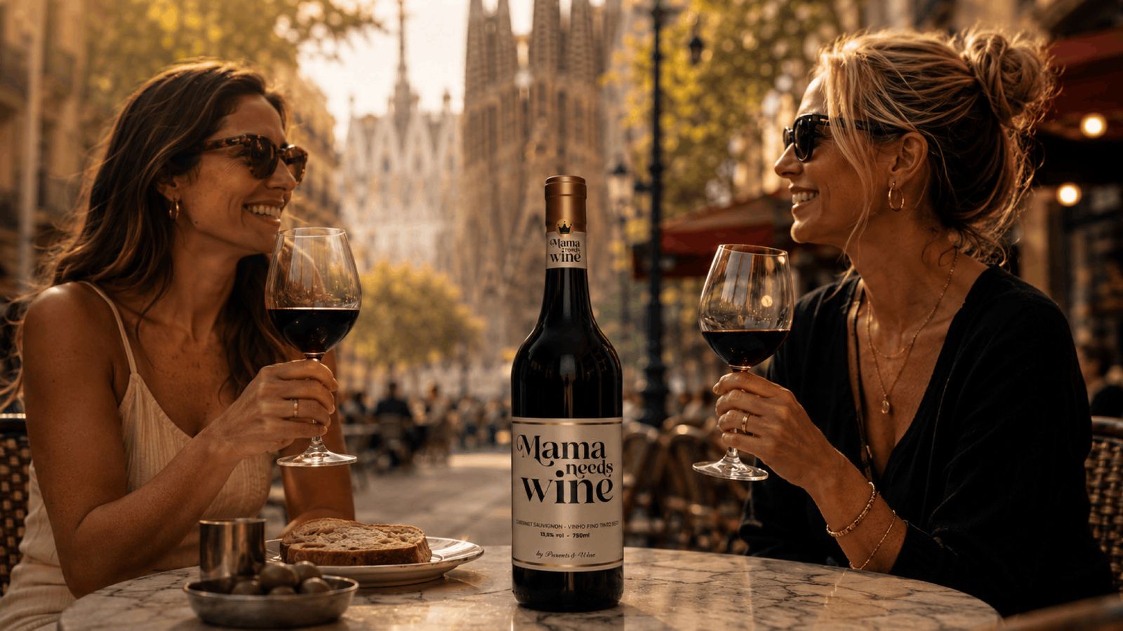 Duas amigas brindando com Mama needs wine em uma praça ao entardecer